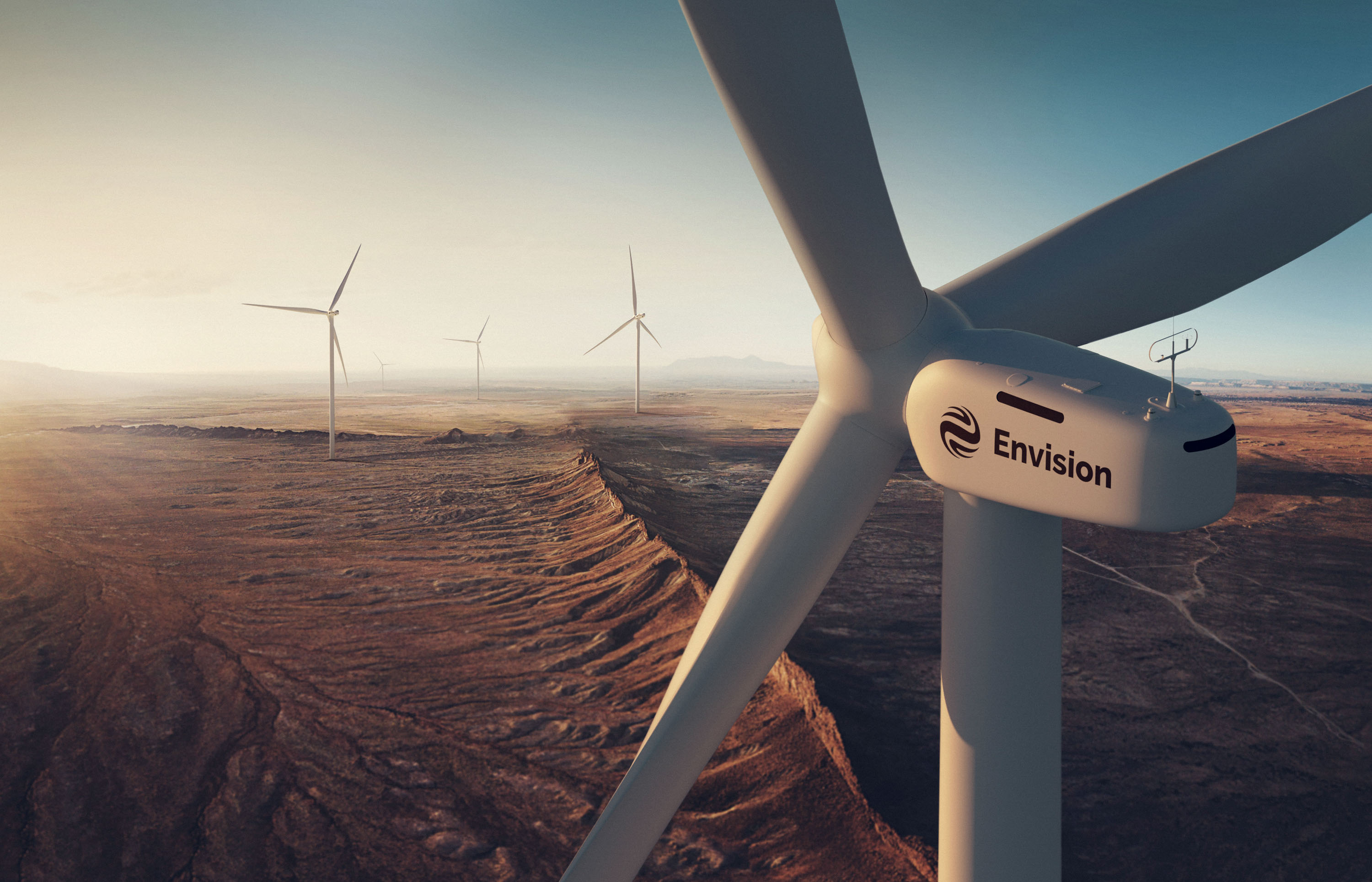 aerial view of a wind turbine with Envision's logo