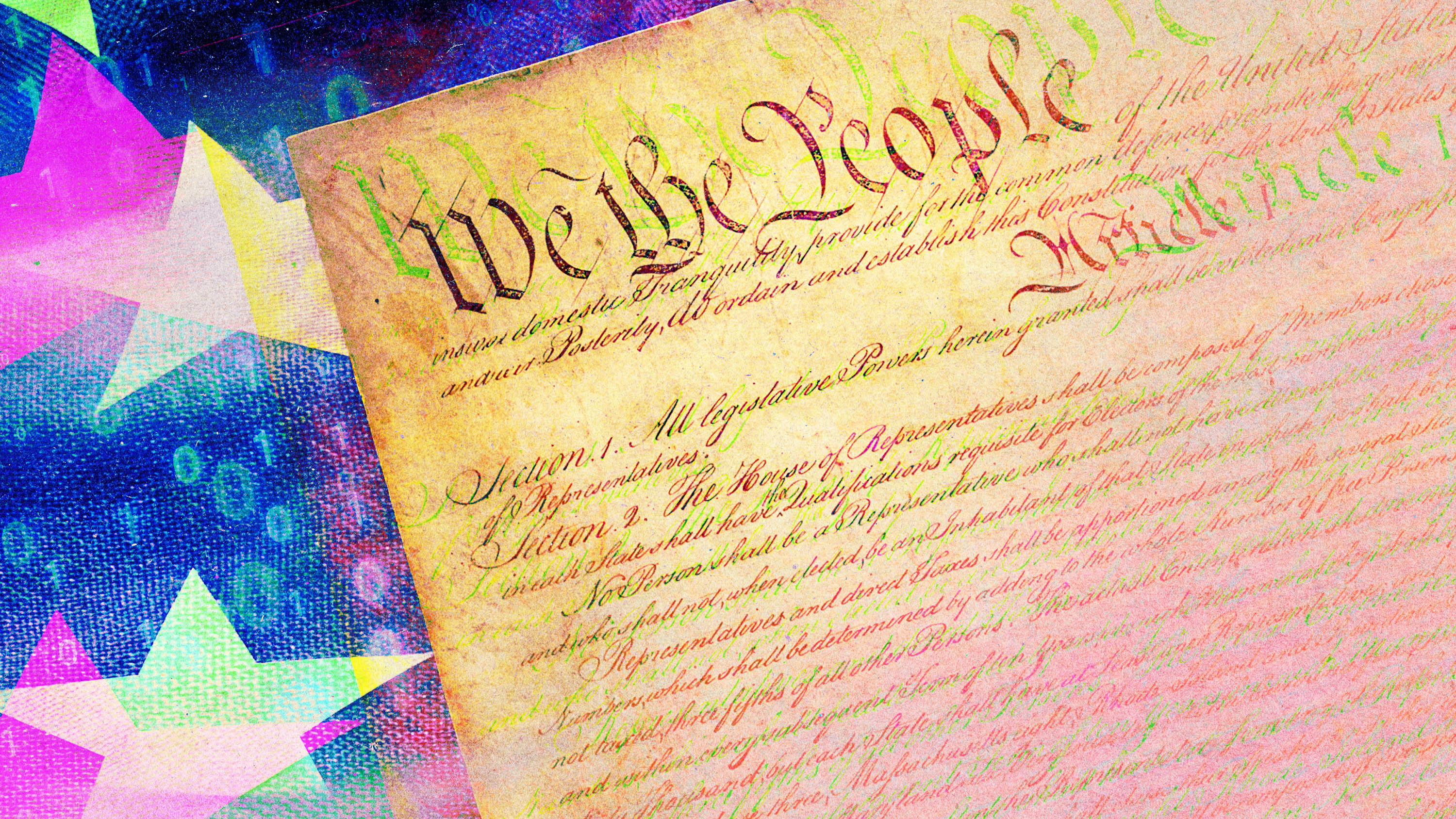 A photo illustration shows the constitution over a digital layering of stars and binary.