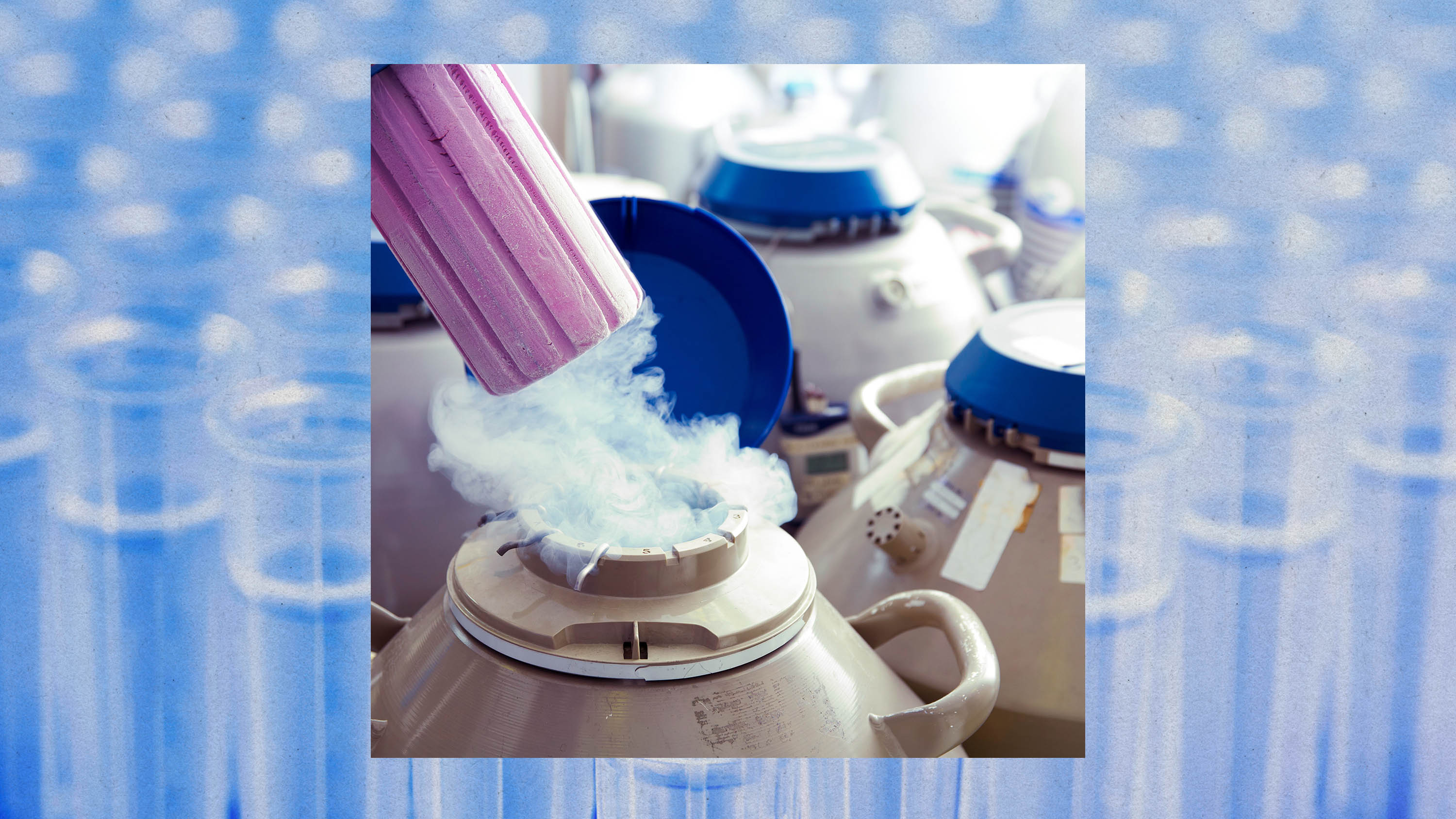 A photo illustration shows egg freezing during IVF, layered on top of test tubes.