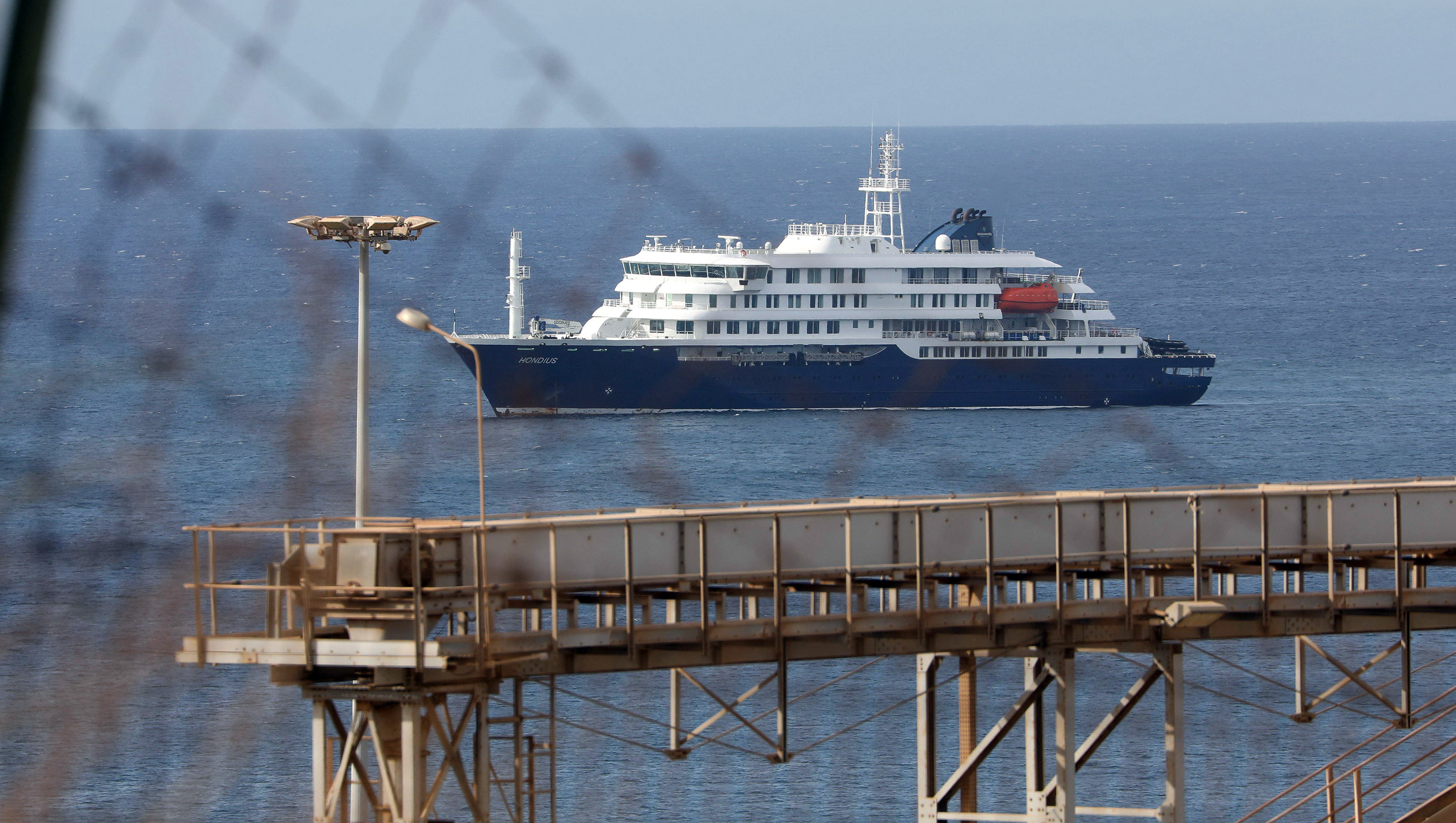 The Dutch cruise ship MV Hondius is anchored off Praia, Cabo Verde, May 6, 2026.