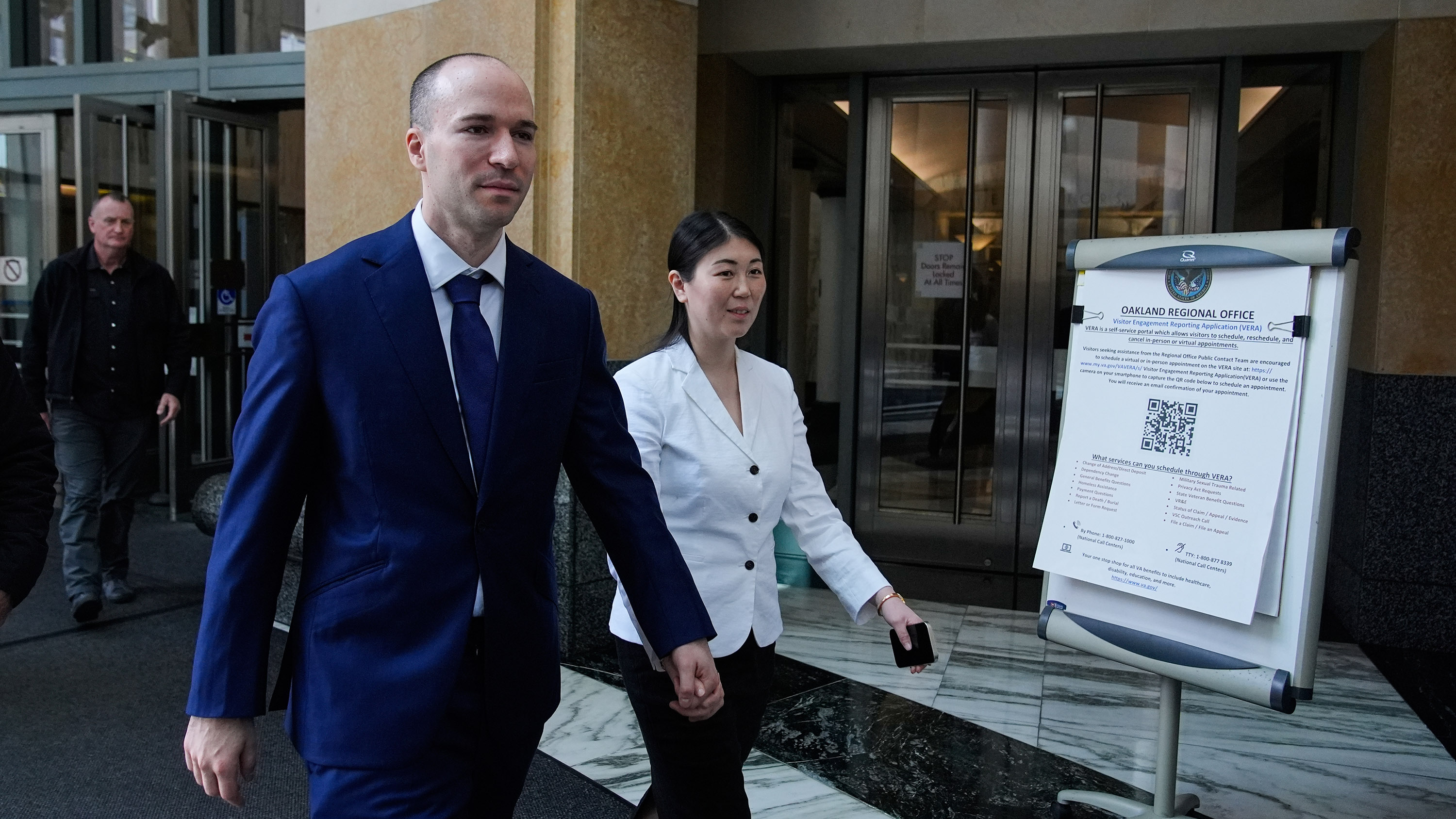 OpenAI president Greg Brockman, second left, exits the U.S. District Court, in Oakland, Calif., Thursday, April 30, 2026.
