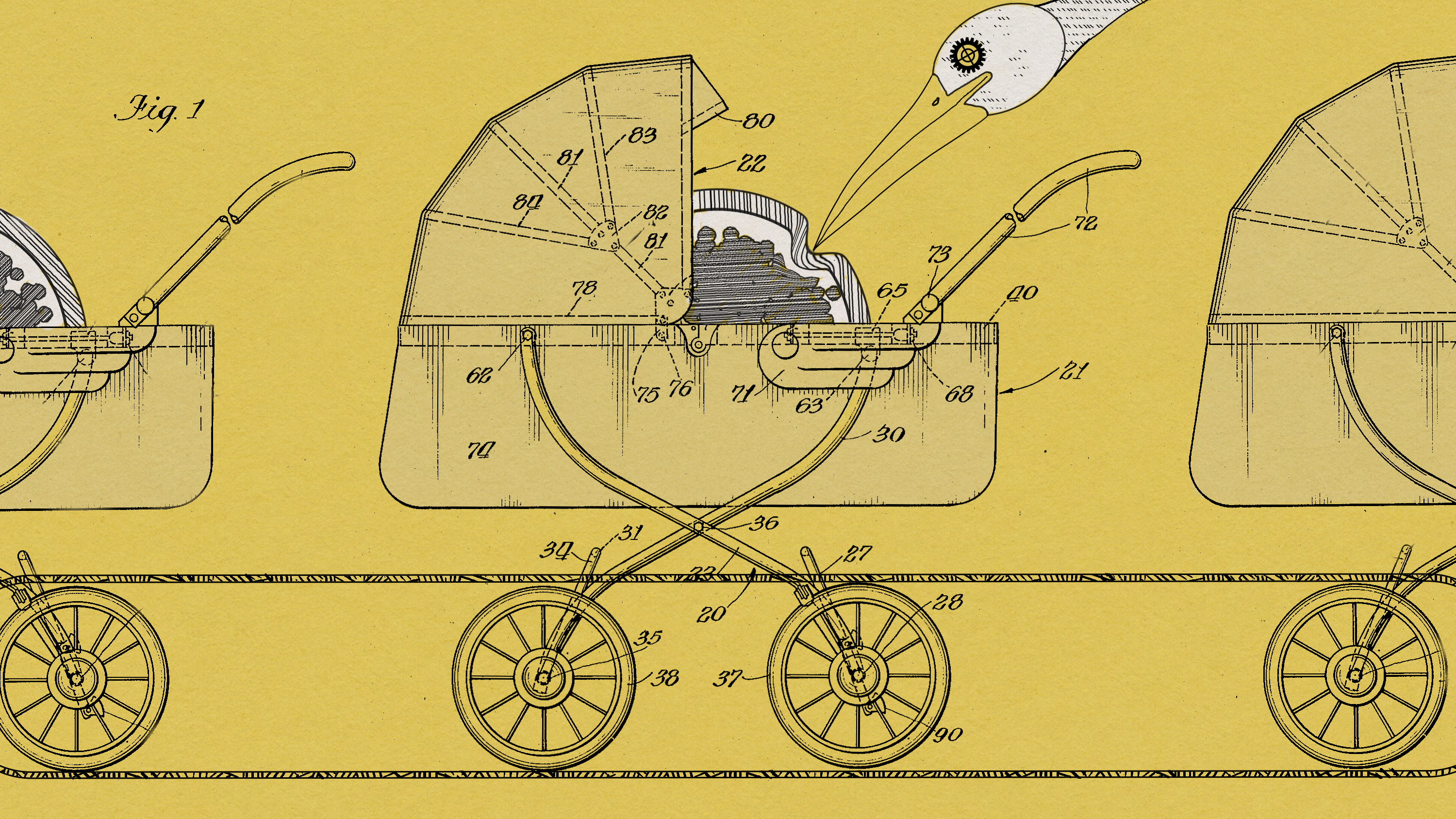 patent style illlustration of an automated ivf assembly line with robotic stork poking oocytes in baby carriages