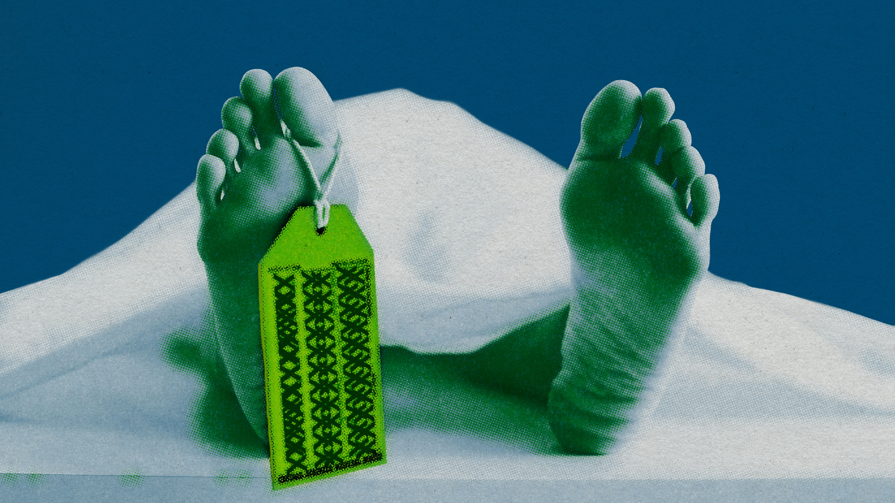 redacted toe tag on a foot uncovered by a white sheet
