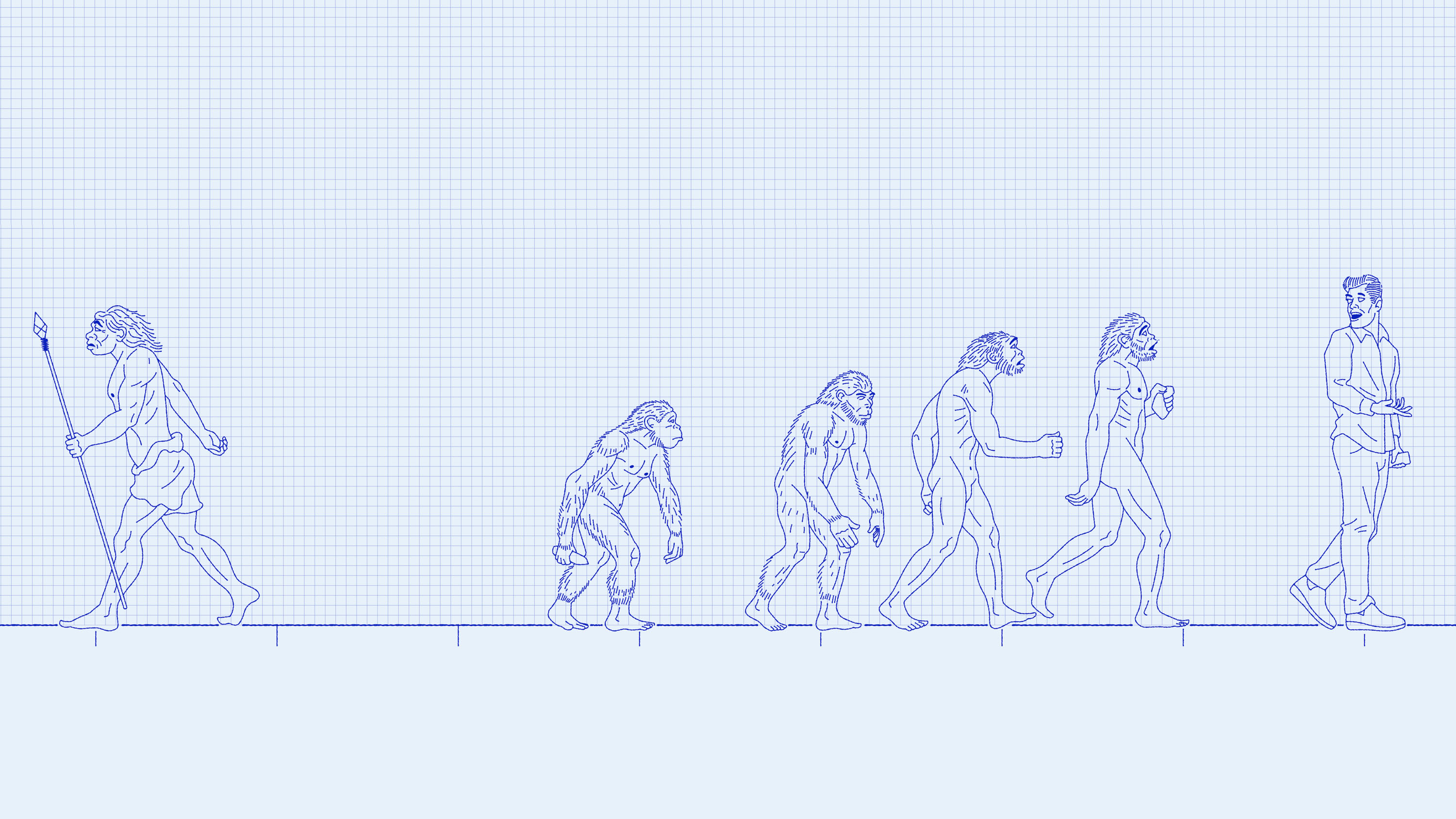 a Neaderthal exits to the left as the evolution of ape to modern man continues progressively to the right